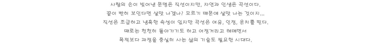 사람의 손이 빚어낸 문명은 직선이지만, 자연과 인생은 곡선이다. 끝이 빤히 보인다면 살맛 나겠나? 모르기 때문에 살맛 나는 것이지... 직선은 조급하고 냉혹한 속성이 있지만 곡선은 여유, 인정, 운치를 띤다. 때로는 천천히 돌아가기도 하고 어정거리고 헤메면서 목적보다 과정을 충실히 사는 삶의 기술도 필요한 시대다. 